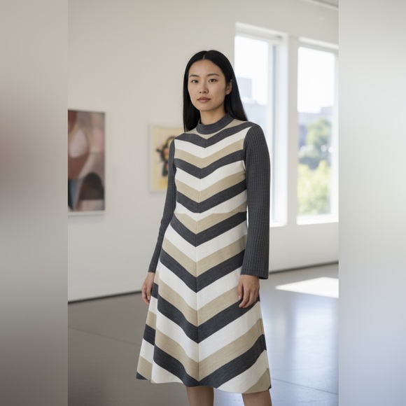 Vintage | Butte Knit Wool Blend Color block Stripe Midi Dress | M - Picture 3 of 4